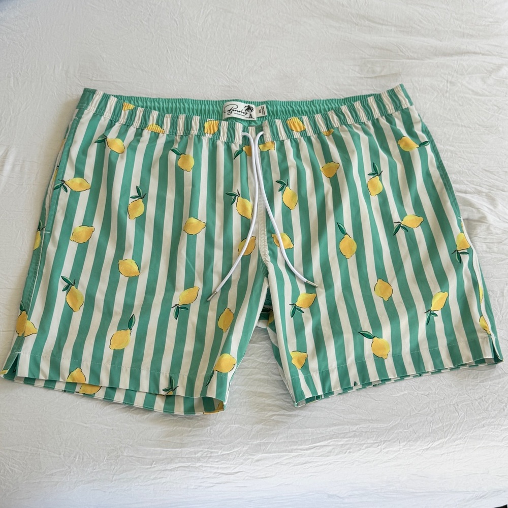 Bonobos Riviera Lemon Stripe Swim Green and White Trunks Men's Size XXL